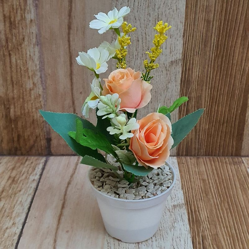 Bunga Hias Set + Pot Bunga Mawar Artificial / Bunga Plastik / Mawar Vas-Mawar 2(set)Sampanye