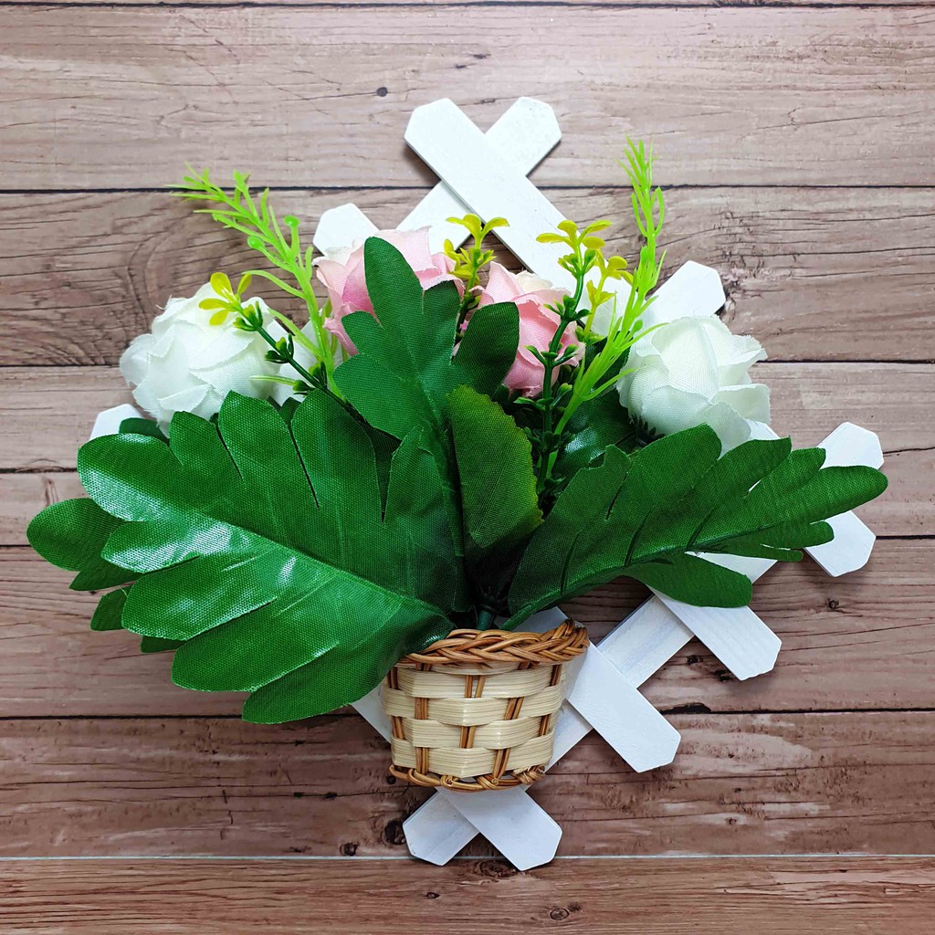 Hiasan Bunga Gantung 17cm x 17cm/ Bunga Plastik/  Bunga Artificial/ Bunga Palsu-Mawar Rose Putih