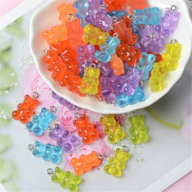 50 Pcs Ornamen Liontin Bentuk Kartun Beruang Gummy Bears Bahan Resin Warna-Warni Handmade Untuk Membuat Gantungan Kunci