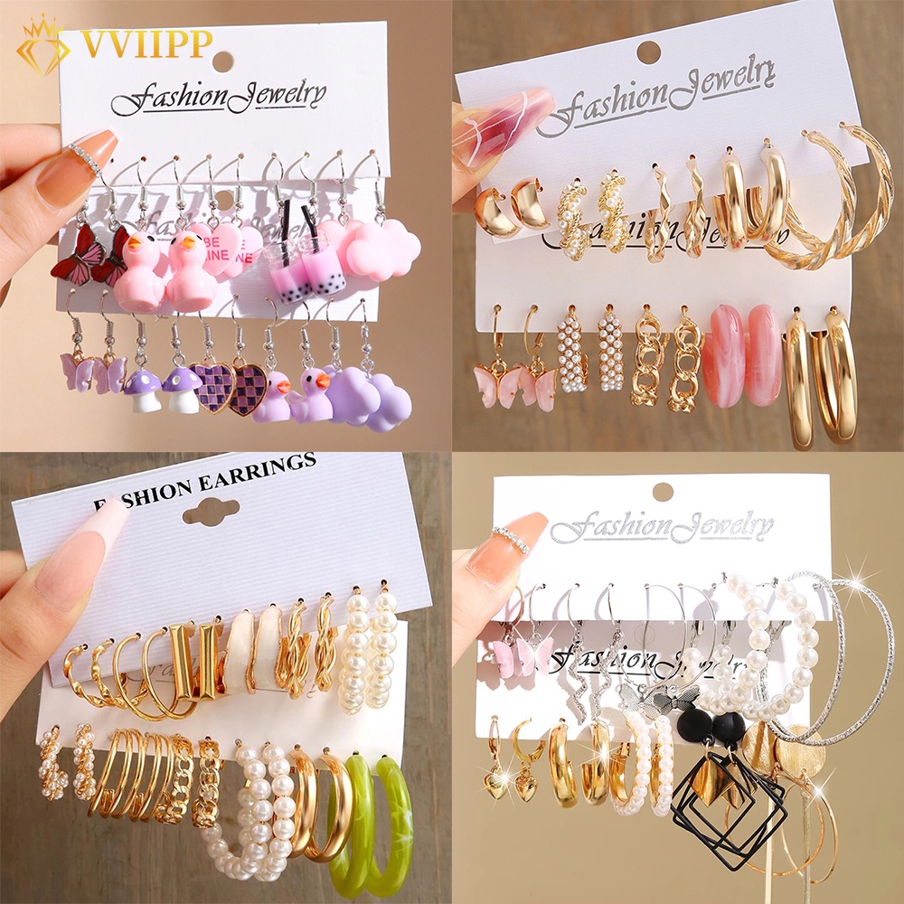 Set Anting Hoop Desain Hati Butterfly Duck Drop Warna-Warni Untuk Wanita