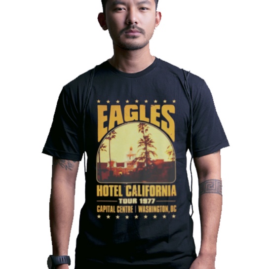 Kaos Eagles Hotel California Tour 1977 Tshirt Casual Bahan Katun