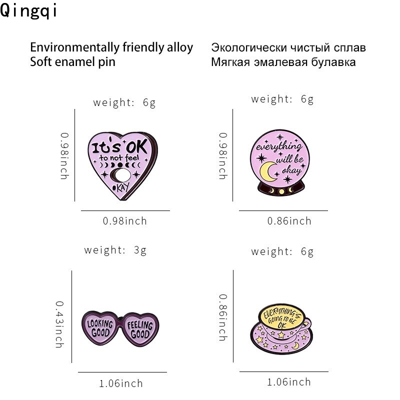 Bros Pin Enamel Bentuk Cangkir Kopi / Hati / Kacamata / Kutipan Inspirasional