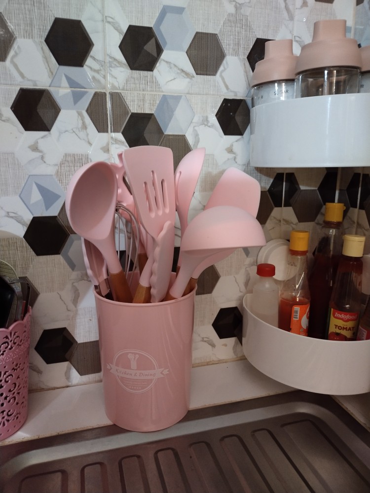 Spatula Set 10in1 Silikon Kayu Sendok Sutil Brush Penjepit Kocokan Alat Dapur Masak