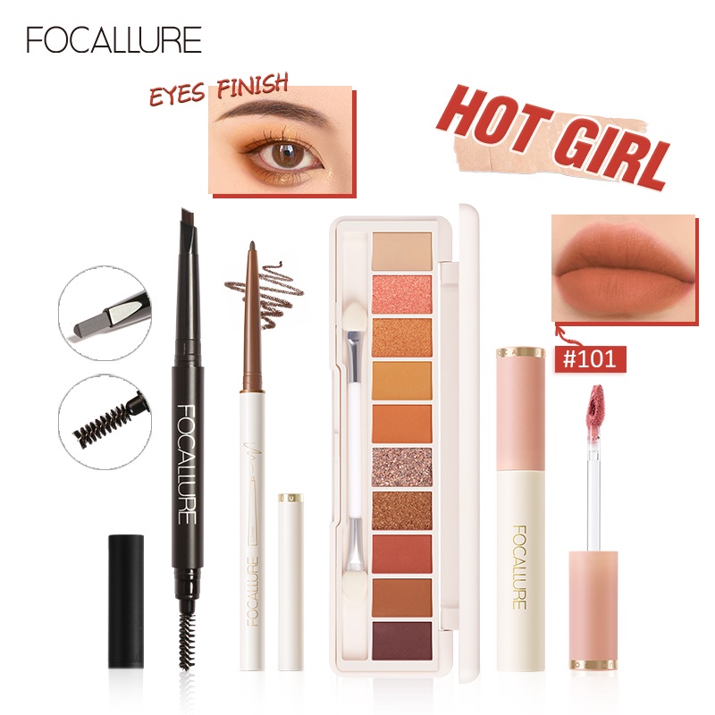 FOCALLURE Set Pemula Mata Eyebrow Eyeliner Eyeshadow Lip cream 4-Pcs makeup set #Hot Girl