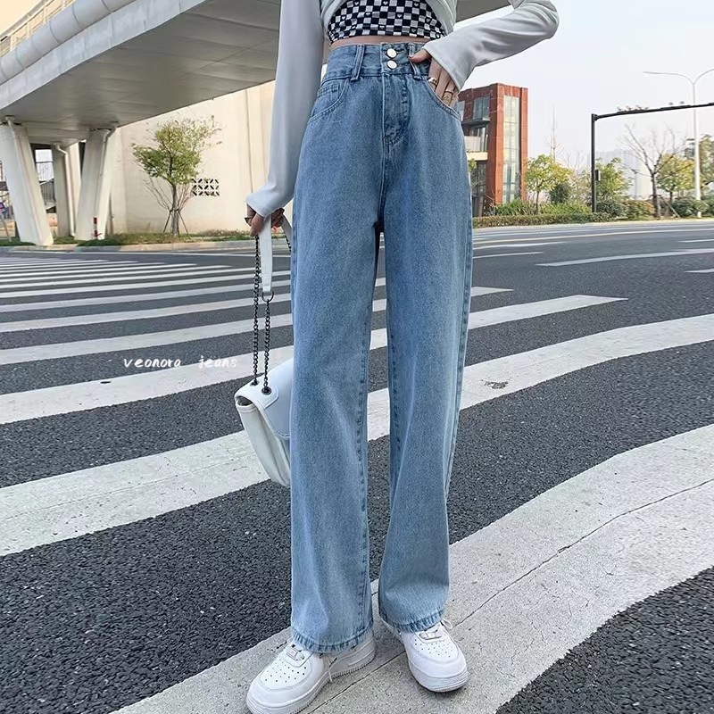 High Waist Loose Straight Korean Style Kulot Bagy Boyfriend Celana Panjang Jeans Wanita
