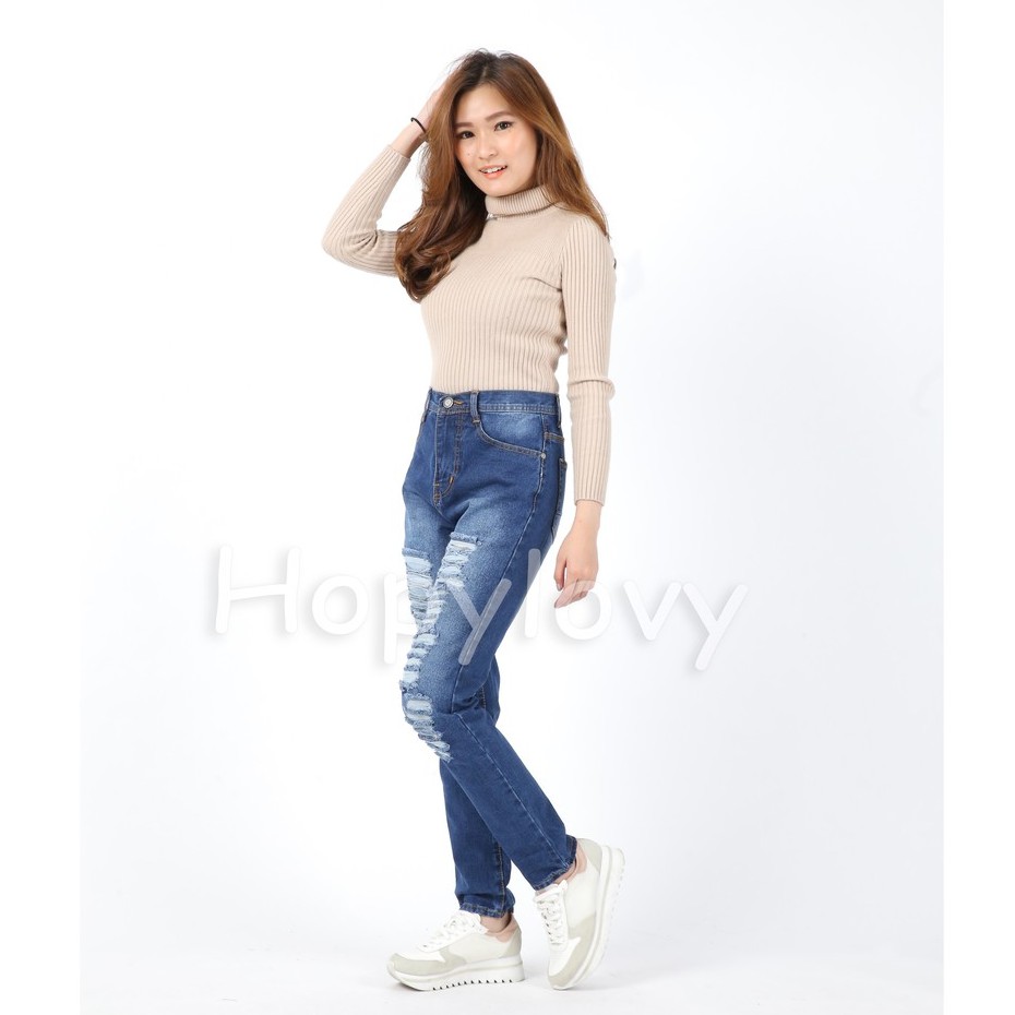 HOPYLOVY - Celana Boyfriend Jeans Wanita Ripped / Sobek Lapis Furing Amithi