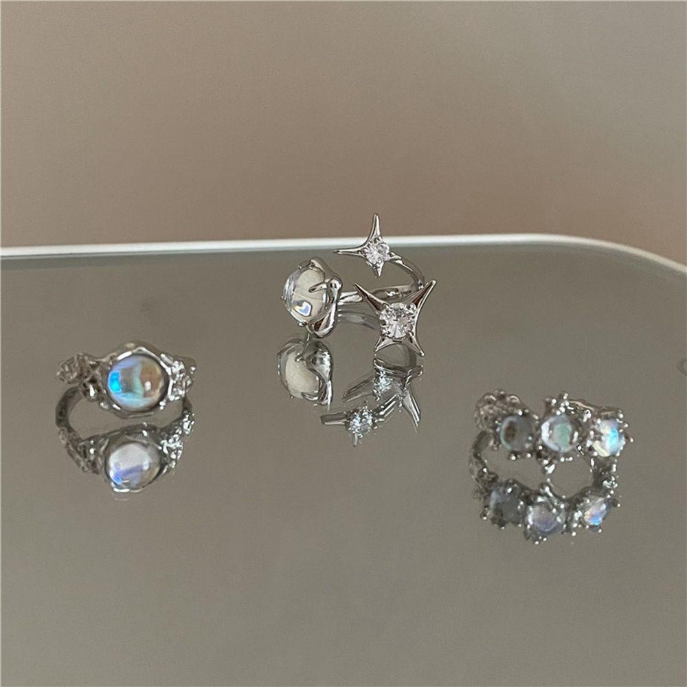 Mxbeauty Wanita Cincin Trendi Ringan Mewah Sederhana Opal Berlian Imitasi Tembaga Zirkon Moonstone Kristal Perempuan Terbuka Ring