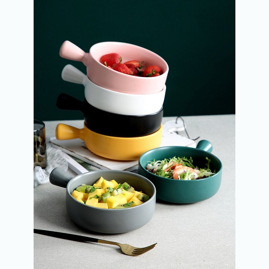 Mangkok Keramik Tebal Korean Korea Bowl Nordic Style 15 cm dengan handle with Handle - Green Black Hijau Hitam