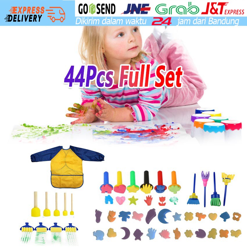 

44PCS Set Mainan Anak Alat Lukis Kuas Sponge Painting Brush Wooden Handle Alat Melukis Cap Stempel Bulat