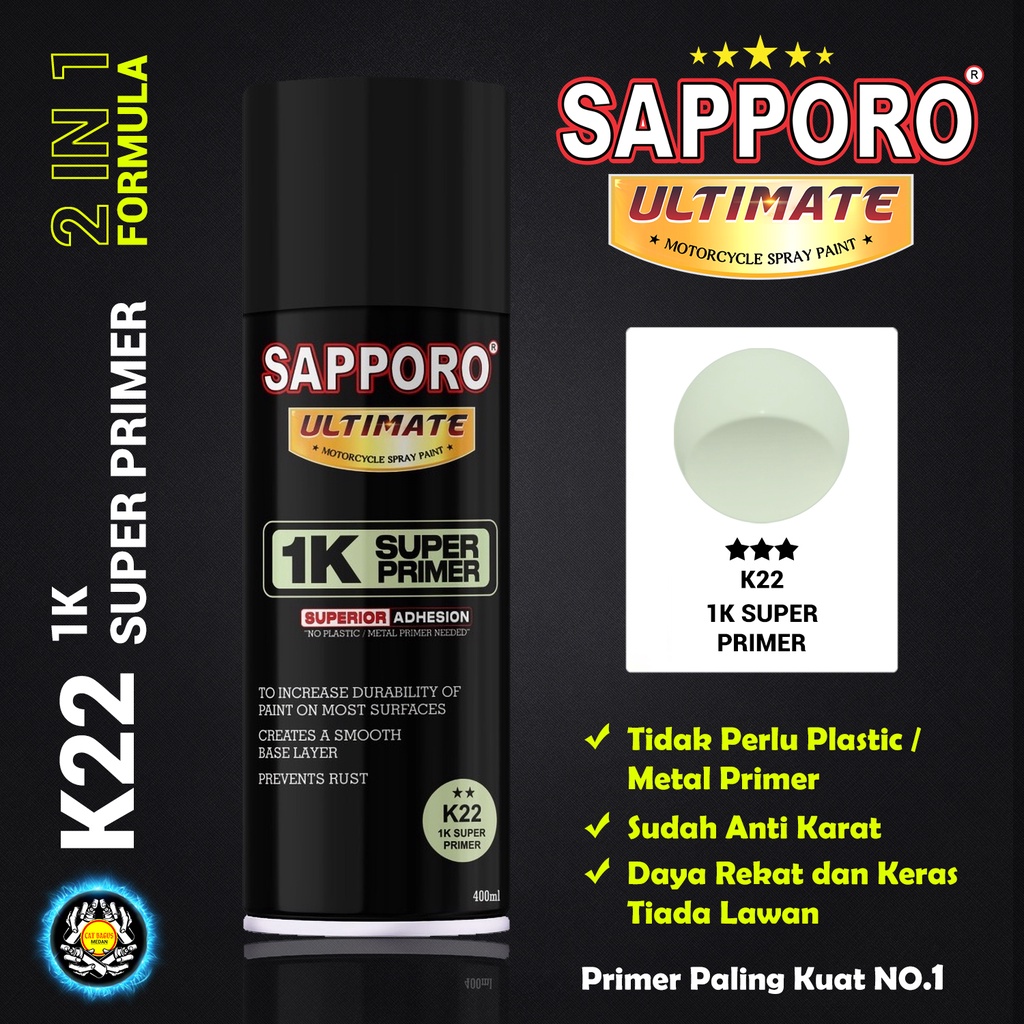 SAPPORO ULTIMATE K22 1K SUPER PRIMER PALING KUAT DASAR EPOXY CAT SEMPROT 400 ML POXY POKSI GREY EPOK