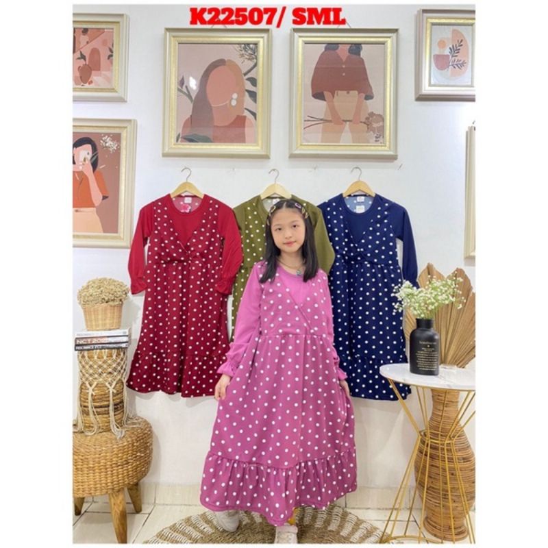 Gamis anak Polkadot usia 6-10tahun kerah v