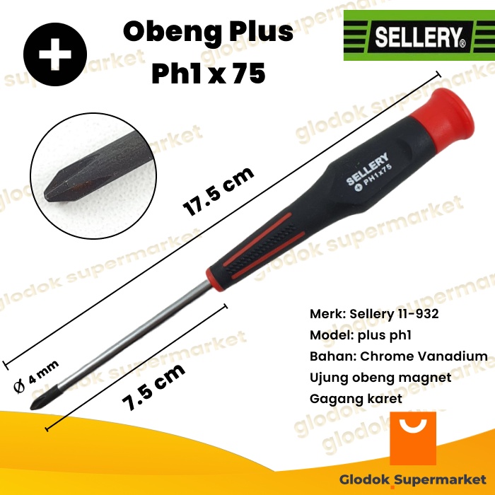 Obeng Plus Ph1 x 75 Sellery 11-932 Diameter 4mm Panjang Besi 75mm Magnet Gagang Karet