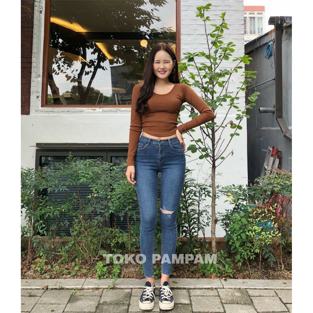 Celana skinny jeans wanita biru jeans JSK 9131 model sobek 1 lutut + gunting bawah bigsize
