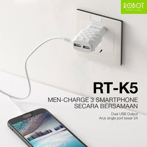 GARANSI 1TAHUN TRAVEL CHARGER ROBOT RT-K5 RTK5 2,1 A FAST CHARGING