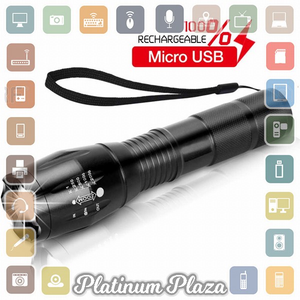 TaffLED Senter LED Tactical USB Rechargable Flashlight Zoomable XML-T6 10000 Lumens -`2BF750-- Black