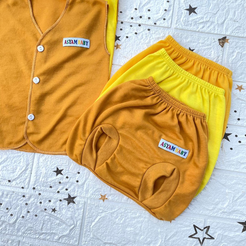 3 Stel Baju Bayi Kutung + Celana Pop Baru Lahir Seri Kuning Asyam Baby