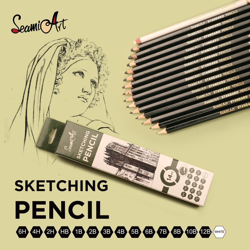 

14pcs / Set Pensil Sketsa Standar 6h-12b Dengan 1pc Pensil Arang Putih