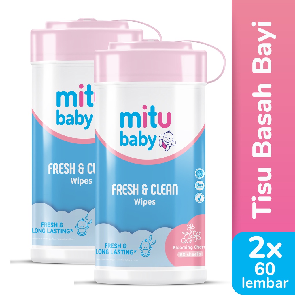 Mitu Baby Fresh & Clean Blooming Cherry Bottle 60'S x2 - Tisu Basah Bayi