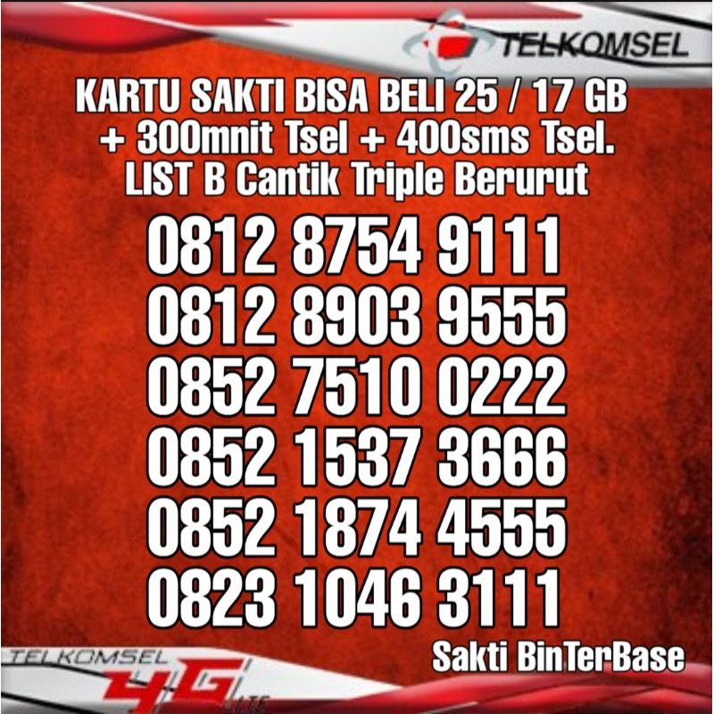 Kartu Sakti Telkomsel Simpati As Loop nomor cantik Triple  list B bisa beli 25gb 17gb+300mnt+400sms