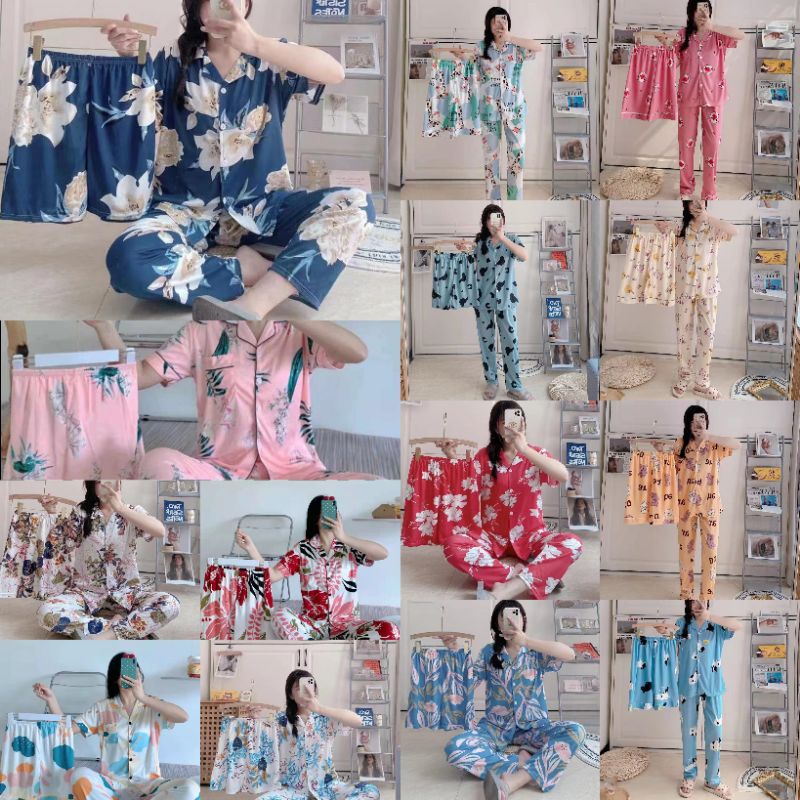 Baju tidur wanita/ Piyama wanita 3in1 krah lengan pendek import onesize