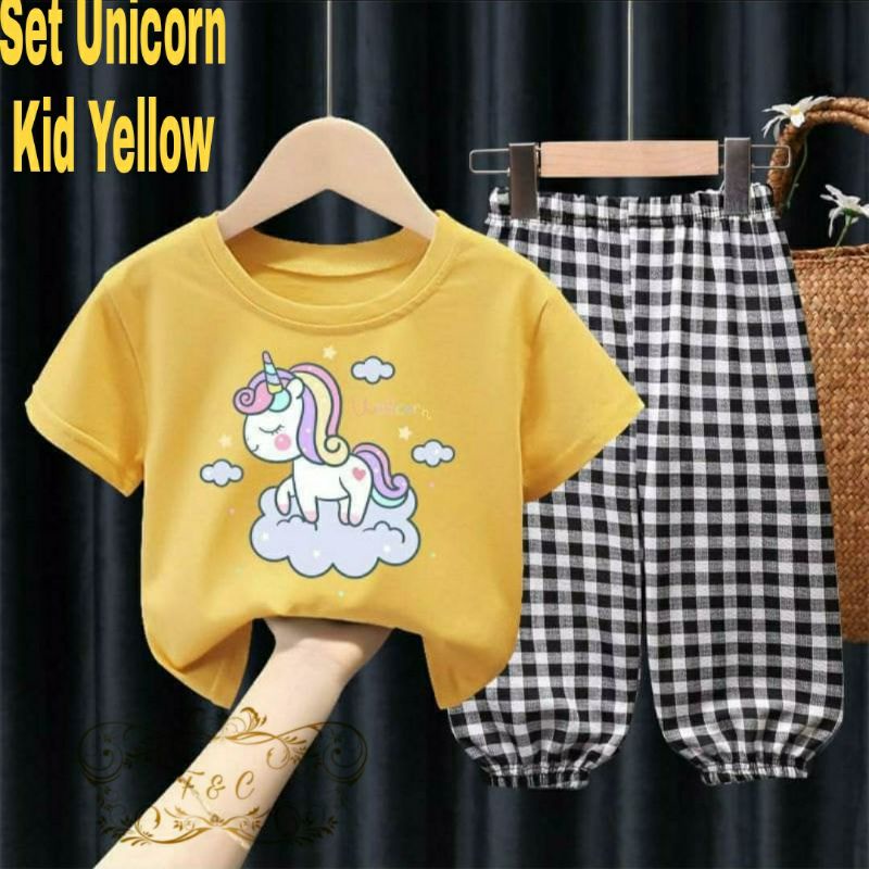 3 UKURAN S M L SET UNICORN KID FASHION PAKAIAN ANAK PEREMPUAN SETELAN BABYETRRY KOMBI KATUN KOTAK FEHM
