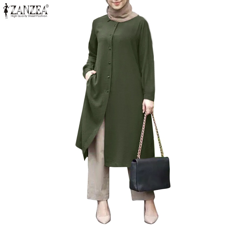 ZANZEA Women Long Sleeve Lapel Button Up Solid Muslim Loose Blouse