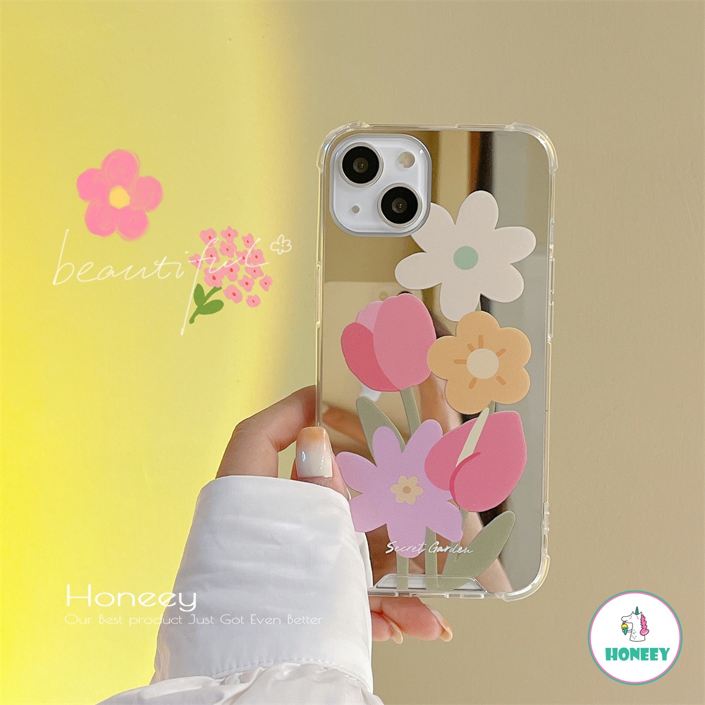 Casing Soft Case Bumper TPU Motif Bunga Aksen Cermin Makeup Untuk IPhone 13 / 12 / 11 Pro Max / X / XS / XR / 8 / 7 +