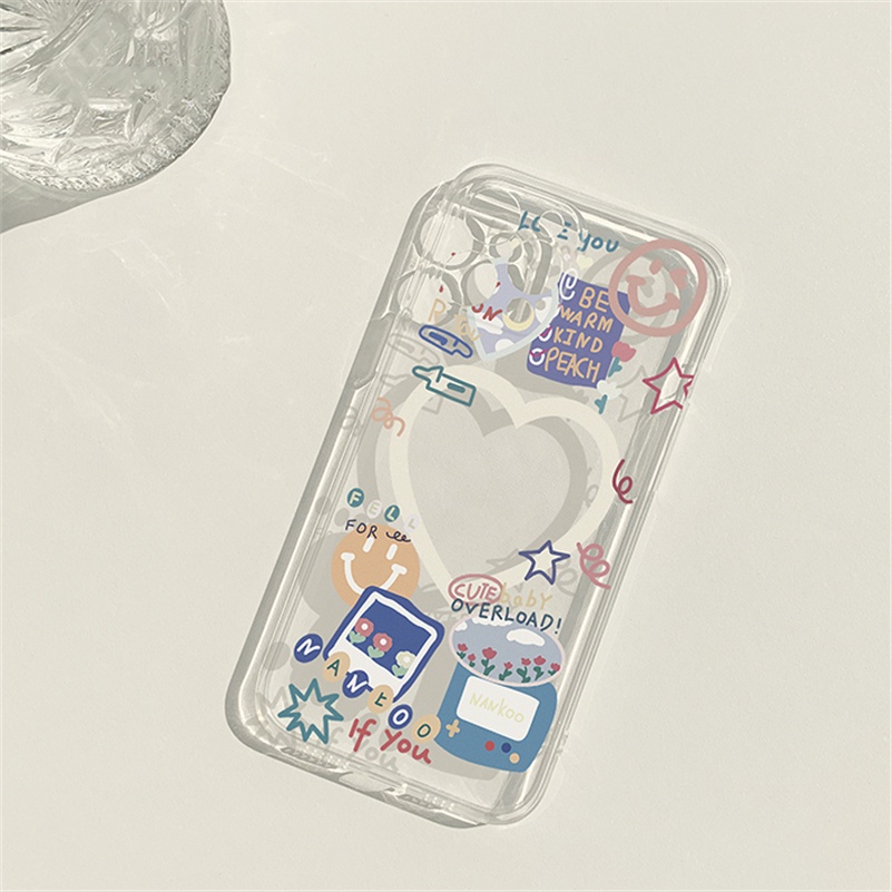 Soft Case Silikon Transparan Motif Graffiti Hati Untuk Compatible for iPhone 14 13 12 11 Pro Max X Xr Xs Max SE 2020 iPhone 8 7 6 6s Plus Fashion Cartoon Graffiti Heart-shaped Phone Case Clear Silicone Shockproof Phone Protective Cover