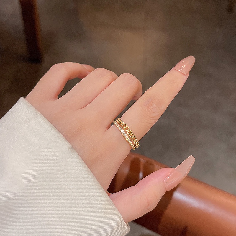 Cincin Berlian Mutiara Double layer Model Terbuka Adjustable Untuk Wanita