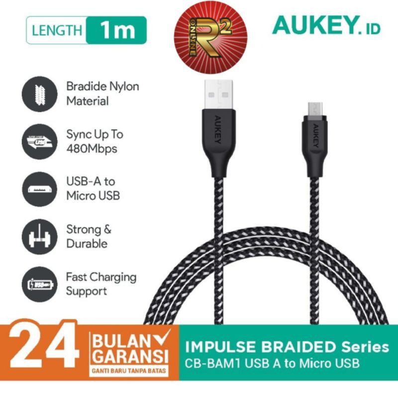 Kabel Charger Micro USB Aukey CB-BAM1 1m Braided Nylon USB 2.0 Original