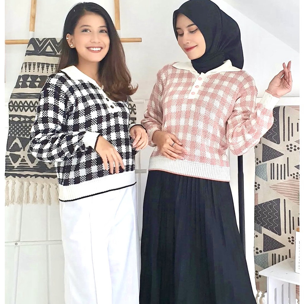 Sora tartan sweater colar rajut tebal motif kotak kotak