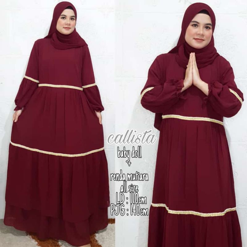 Gamis Polos Lengan Balon Kombinasi Renda Mutiara Callista Dailydress Busui Ceruty Bebydoll Premium I