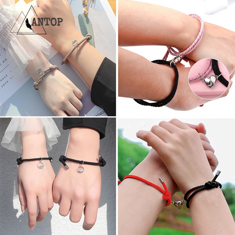 2 Pcs Gelang Pikat Pasangan / Gelang Sahabat / Gelang Pria / Magnet Tenun Tali Hitam Merah Menarik Perhiasan Cinta Jarak Jauh B1 Antop