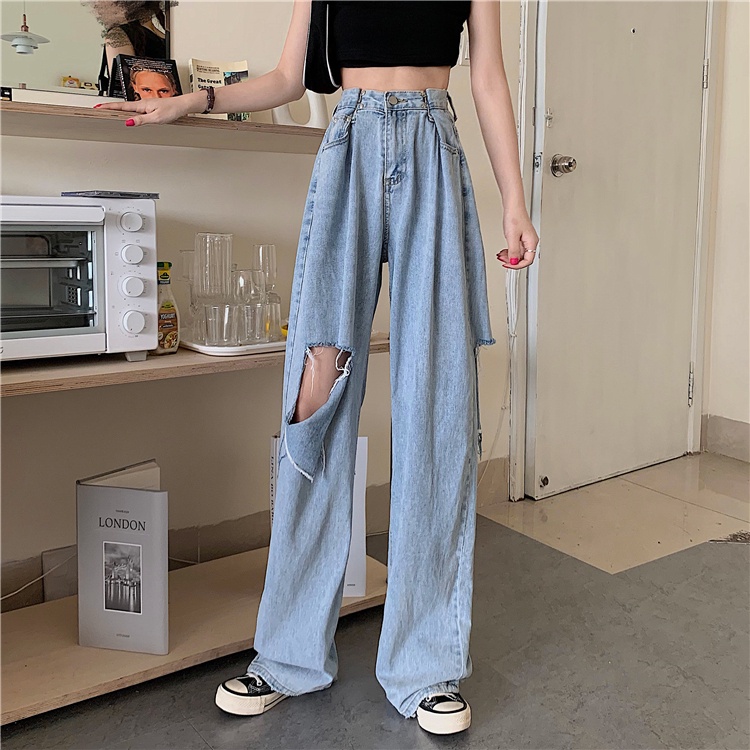 Ripped celana jeans high waist wanita kulot Korea style loose kasual celana lebar pants