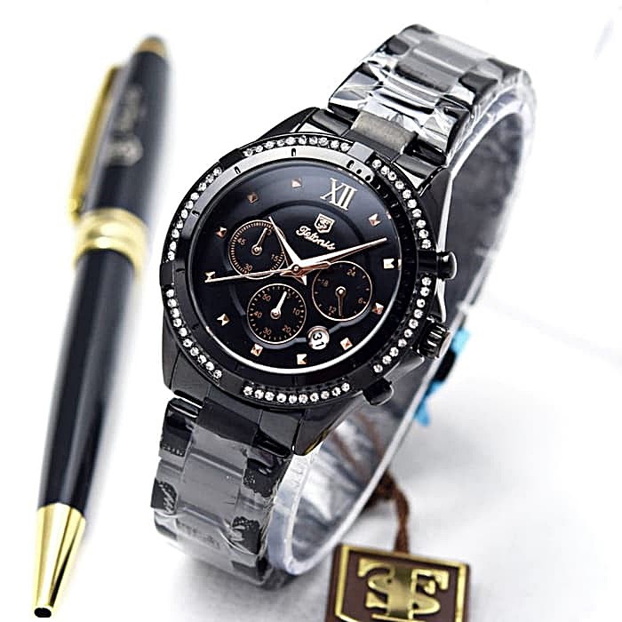 Jam Tanggan Wanita Tetonis jam tagan Chrono Original Rantai hitam