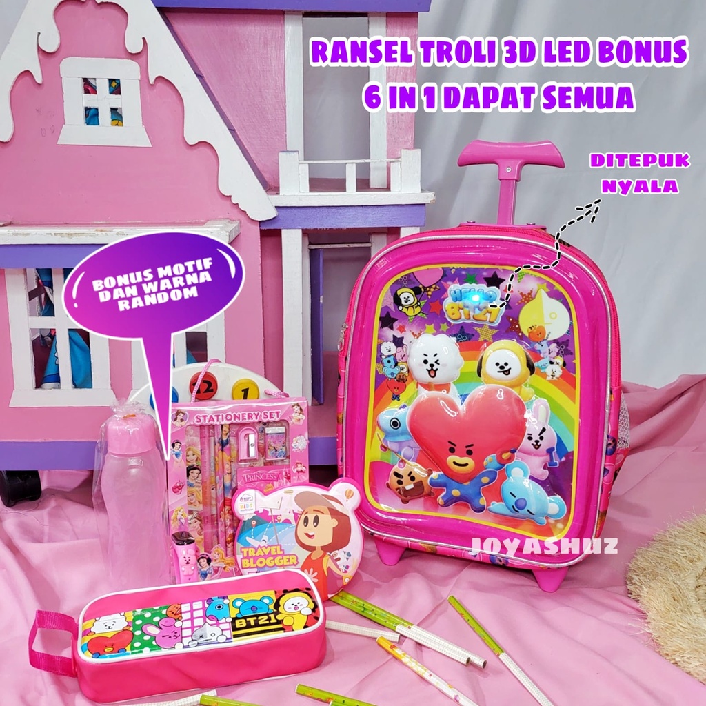 Tas Troli Anak Bisa Ransel BT 3D LED Anak SD Berbonus - Ransel Troli Timbul LED - Tas Sekolah Anak SD Troli Karakter - Tas Dorong Anak Perempuan SD Gratis Botol Dan Misting - Tas Sekolah Anak Perempuan Karakter Lucu - Joyashuz