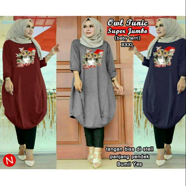 owl tunic super jumbo XXXL, tunik, tunik Jumbo, tunik bumil, tunik babyterry, big size, baju Jumbo