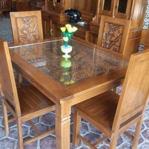 Meja makan kayu jati ukir minimalis kursi 4 kayu jati dan kaca