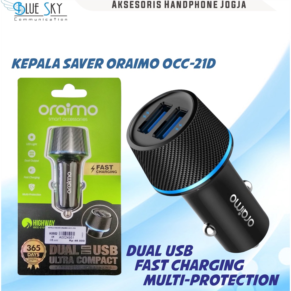 KEPALA SAVER CAR MOBIL CHARGER ORAIMO OCC-21D 2 USB FAST CHARGING