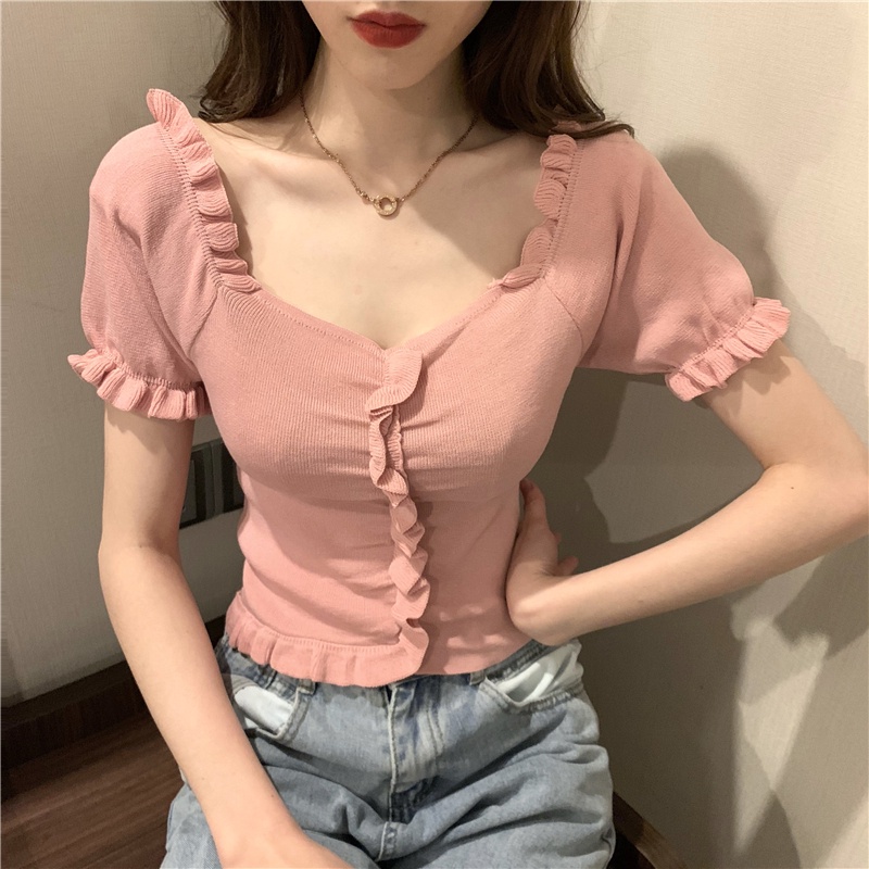 Crop Top Sabrina Rajut Korea Model Lengan Pendek Blouse Atasan Wanita PasBody -1112-Pink