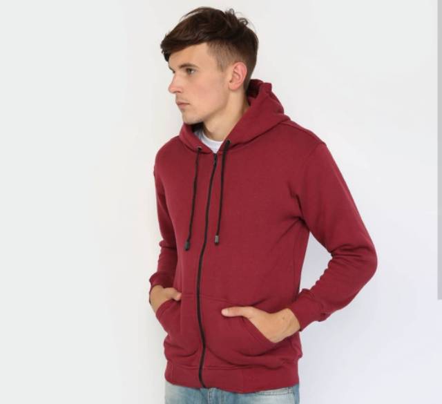 Jaket sweater polos hoodie zipper merah maroon murah