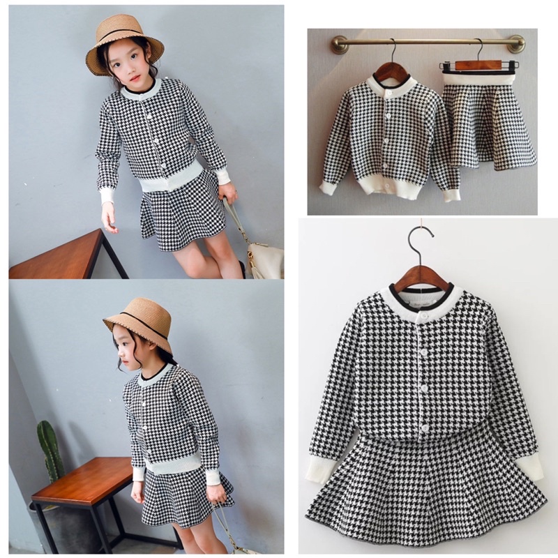 Houndstooth pattern knitted set kids rok houndstooth anak cardigan houndstooth anak