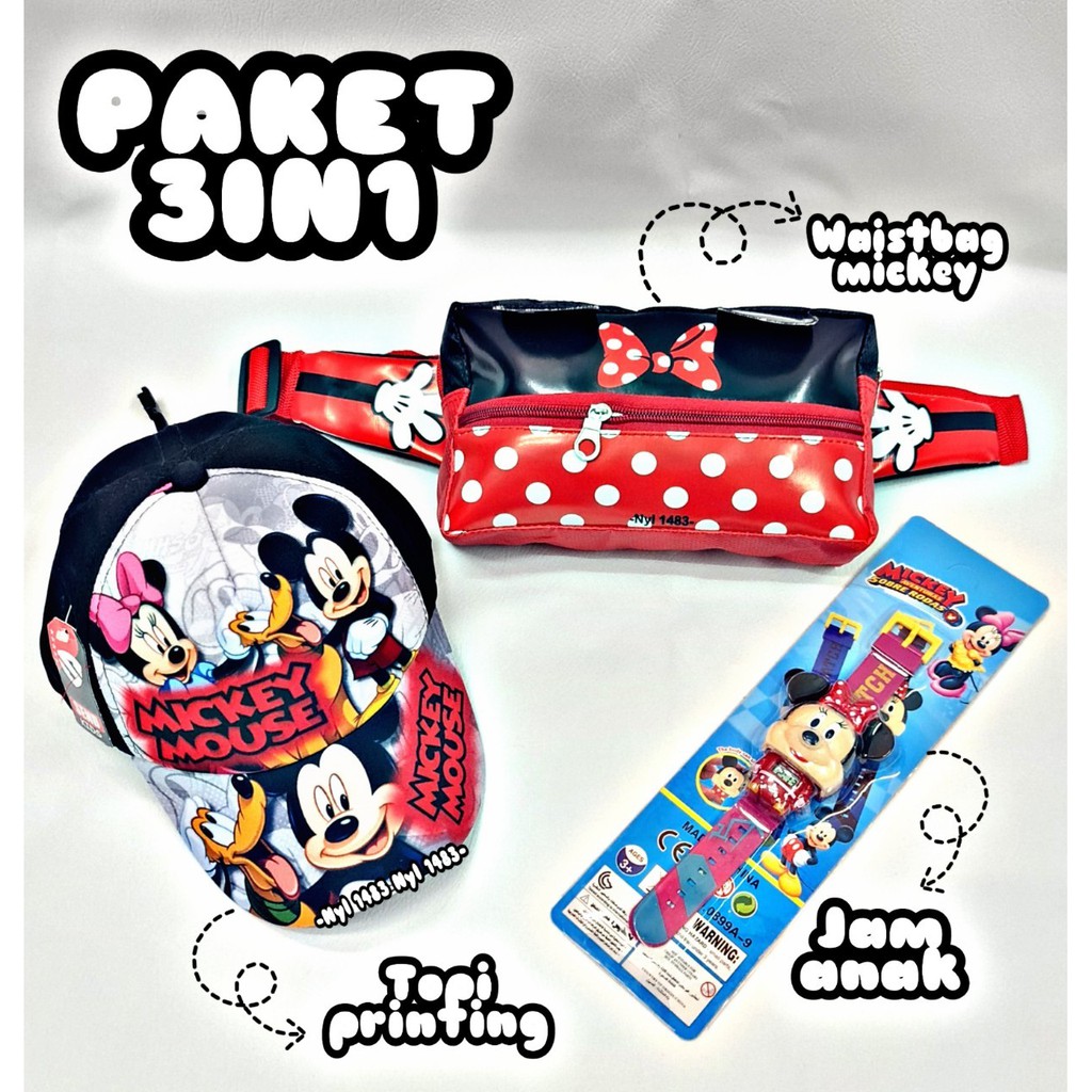 PROMO ^^ TAS WAISTBAGS ANAK PEREMPUAN [ PAKET 3in1 / TOPI PRINTING / JAM TANGAN LED