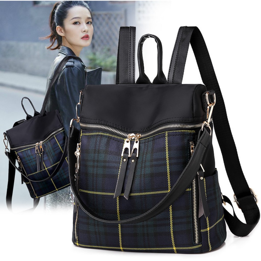 TB-45 tas ransel backpack wanita import korea jepang rainproof plaid besar sekolah kampus