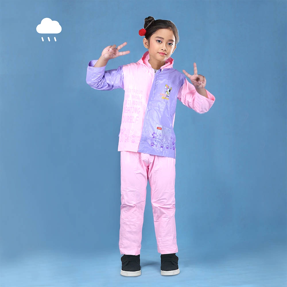 Jas Hujan Anak Tanggung Backpack Setelan Atasan Jaket Celana Karakter 6, 7, 8, 9, 10 Tahun Elmondo Kid Pink