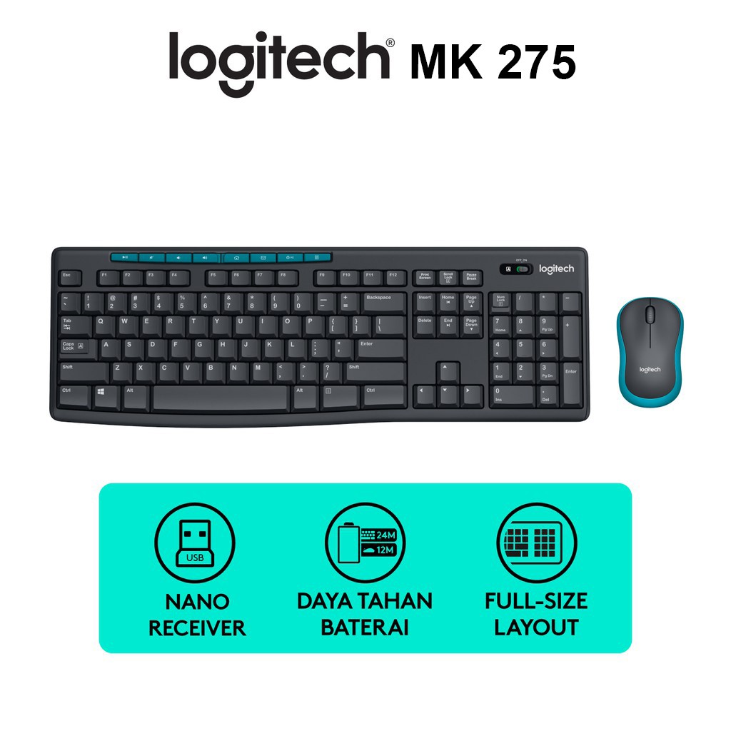 Keyboard Mouse Wireless LOGITECH MK275 Full-Size Wireless Combo - Black - ORIGINAL RESMI