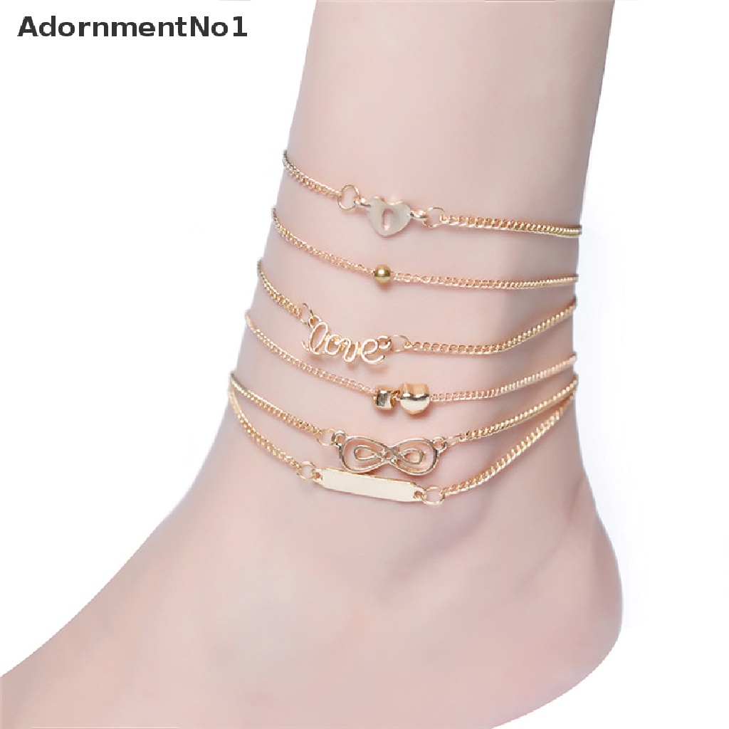 (AdornmentNo1) 6pcs Gelang Kaki Rantai Multisusun Pendan Hati + Infinity Gaya Boho