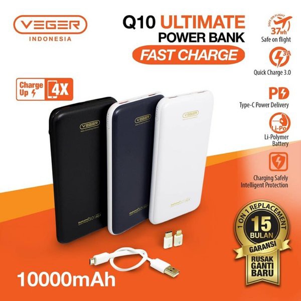 Powerbank Veger ULTIMATE Q10 10000MAh Quick Charge QC 3.0 Metal Quick Charge