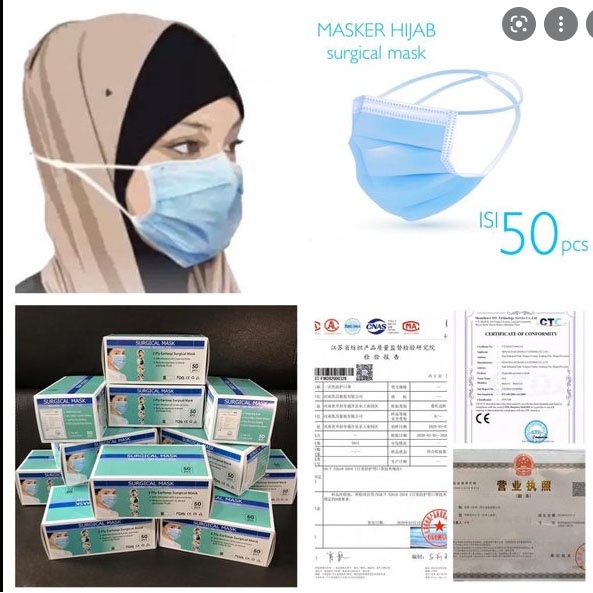 MASKER HIJAB 3 PLY MASKER EARLOOP 3PLY 1Box Isi 50pcS