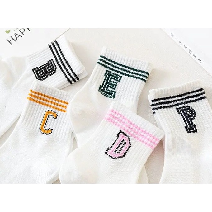 [littlecrab] Kaos Kaki Huruf E D P B C Cute Alphabet Women Socks Kaos Kaki Putih Soft Lembut Simple Berkualitas Kaos Kaki Lucu High Quality Kaos Kaki Panjang Korean Style